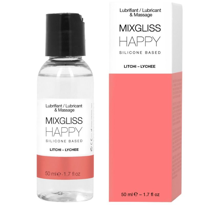 Mixgliss Happy lubricante de silicona sabor lichi con caja y frasco de 50 ml