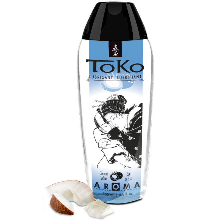 Lubricante SHUNGA TOKO en botella, con trozos de coco en la base.