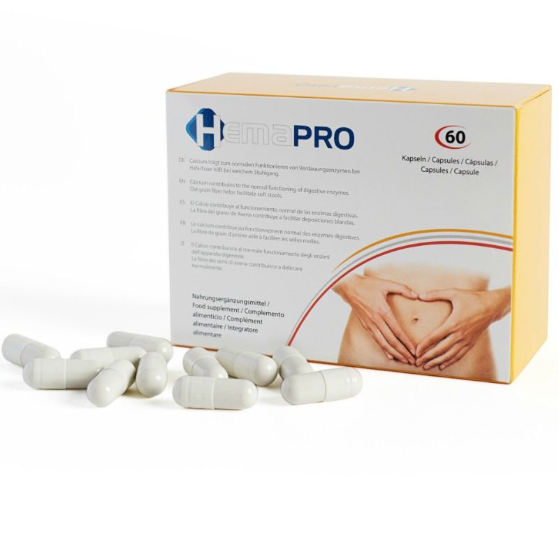 500Cosmetics Hemapro Pills en caja, con 60 cápsulas blancas visibles delante.
