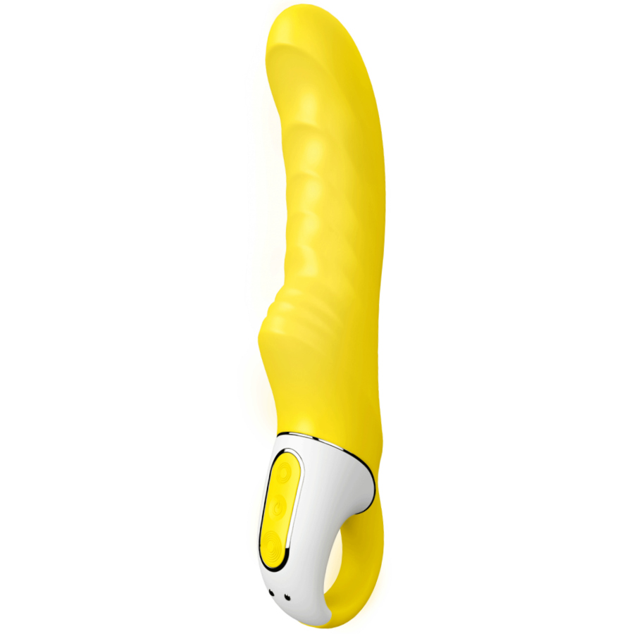 Satisfyer Vibe Yummy Sunshine en detalle, vibrador amarillo con mango blanco y botones visibles.
