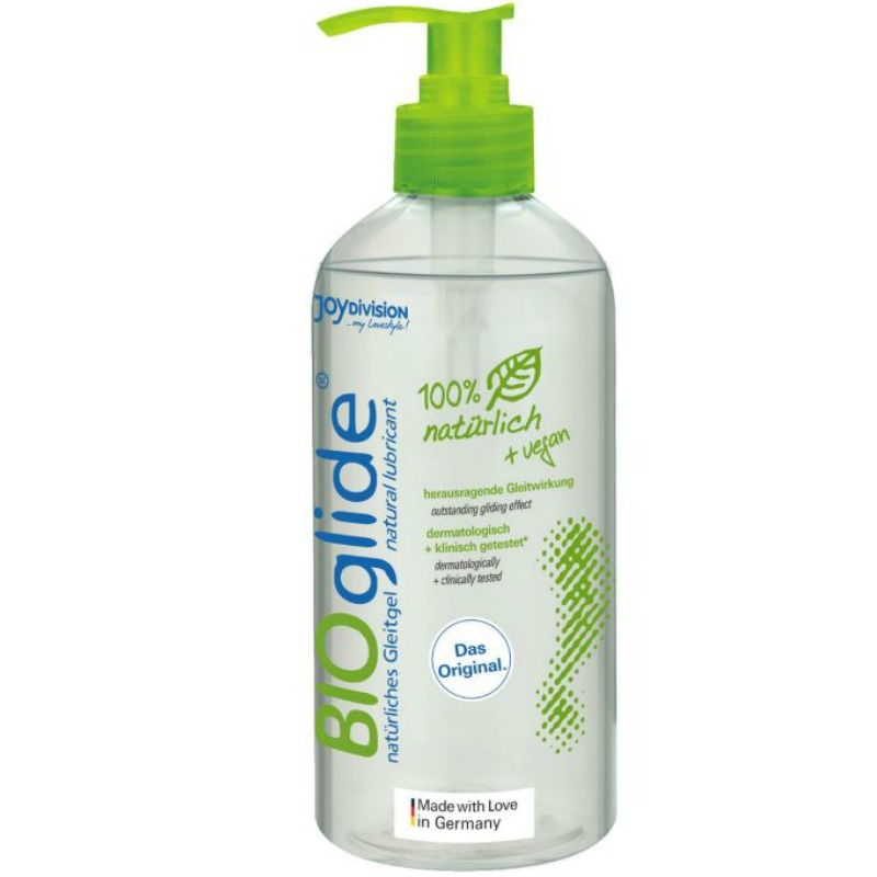 JOYDIVISION Bioglide lubricante natural en botella transparente con dosificador verde.