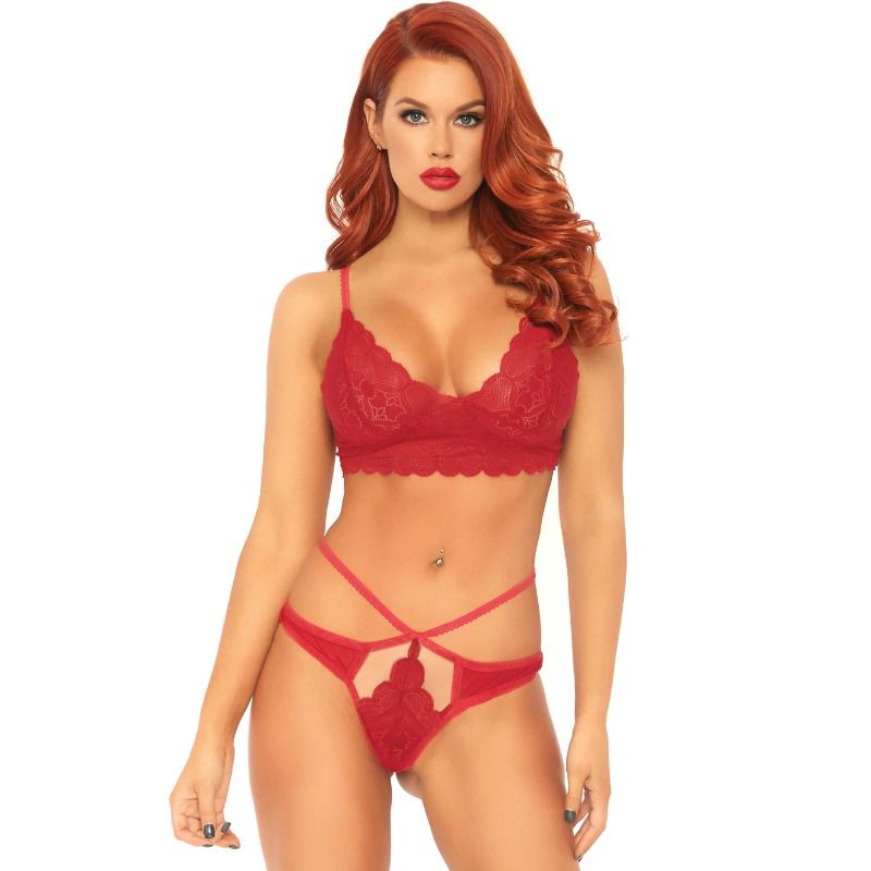 Leg Avenue conjunto de encaje rojo con bralette y tanga, vista frontal.