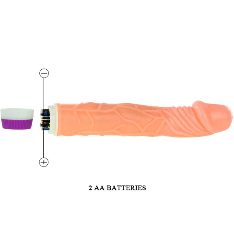 Detalle lateral del vibrador BAILE en color naranja, con el compartimento de pilas visible y el tapón aparte.