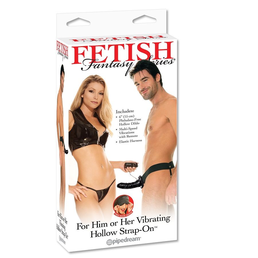 Caja del producto Fetish Fantasy Series con imágenes de un arnés hueco vibrador negro.