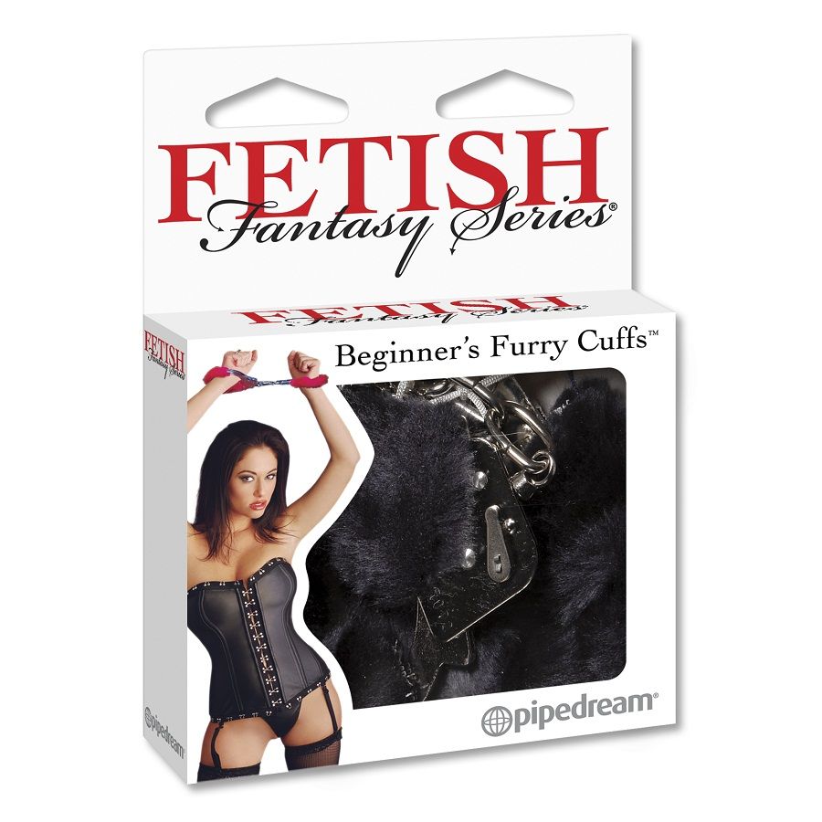 Caja del producto Fetish Fantasy Series con esposas de muñeca forradas de peluche negras visibles.