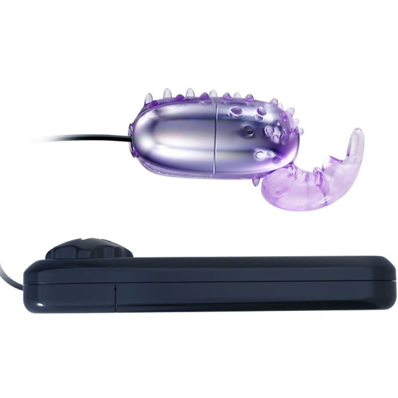 Baile Super Vibrator en detalle lateral, con huevo vibrador morado y estimulador curvo.