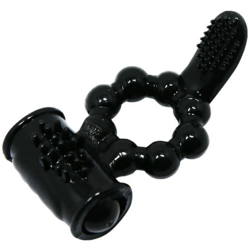 Anillo vibrador BAILE FOR HIM negro con doble estimulador y textura visible