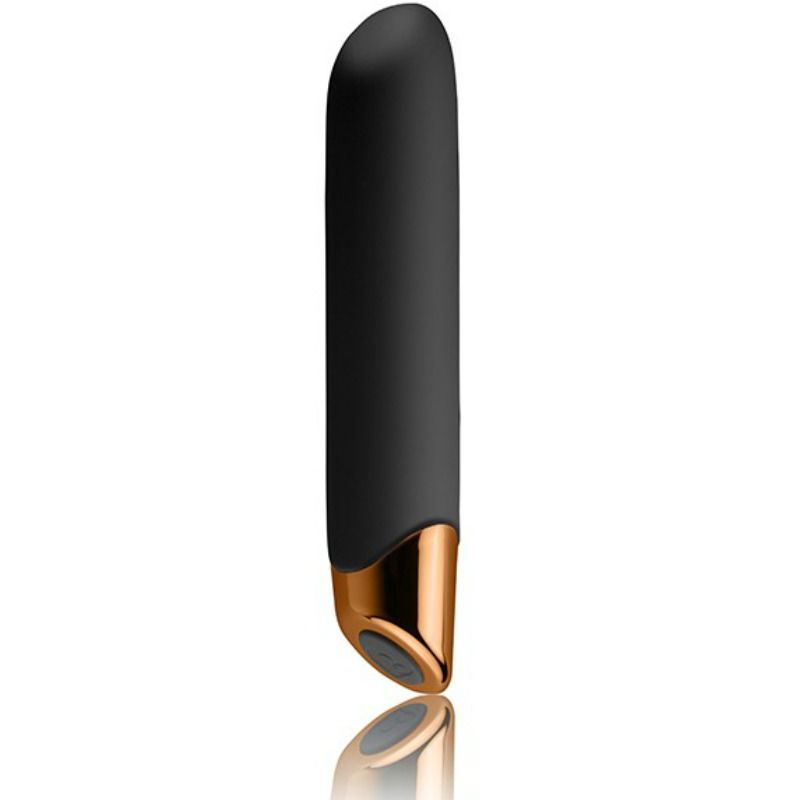 Vibrador Rocks-Off Chaiamo negro con base dorada, vista frontal.
