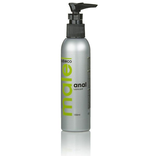 COBECO Male lubricante anal en botella plateada con dispensador de bomba negro, vista frontal.