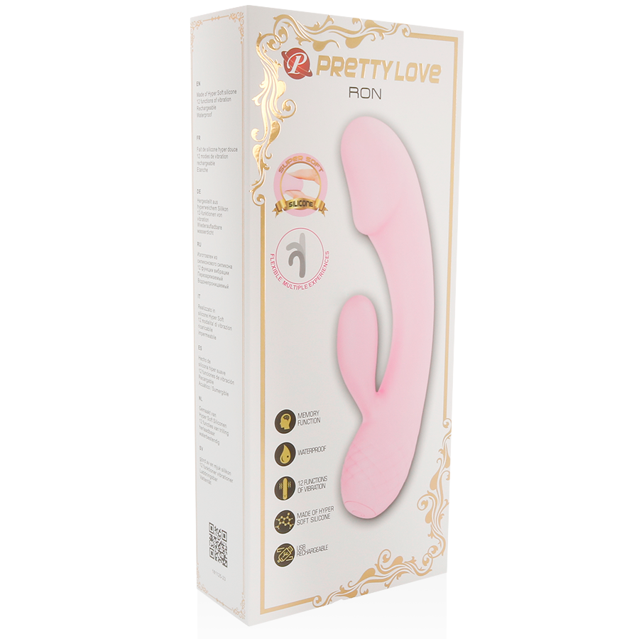 Caja del producto Pretty Love RON con ilustración de vibrador rabbit rosa y borde dorado.