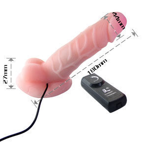 Dildo realista rosa Baile Loveclone con mando negro y medidas marcadas.