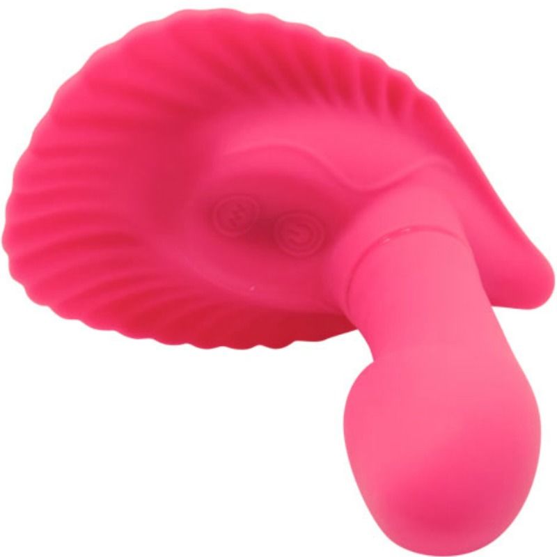 Detalle del estimulador Pretty Love Flirtation en rosa, con forma curvada y dos botones visibles.