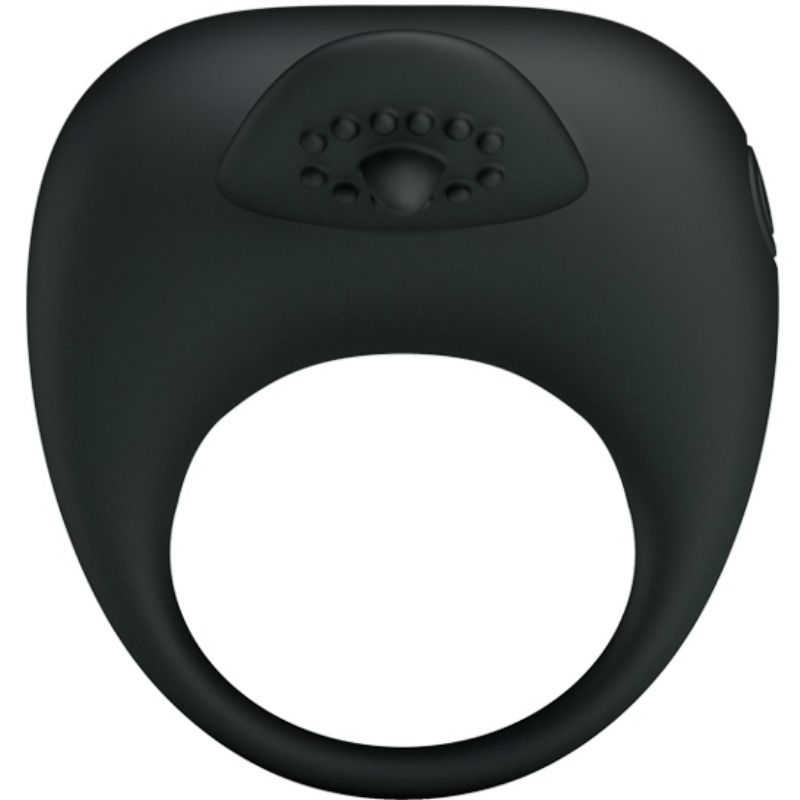 Pretty Love anillo vibrador negro en detalle frontal, con abertura circular y relieve texturizado.