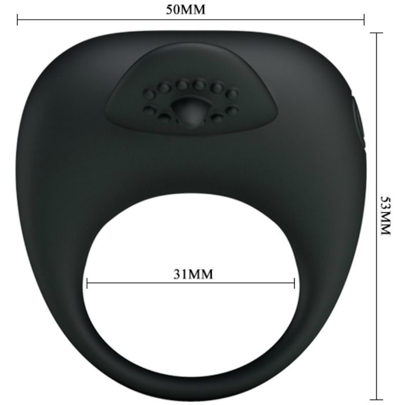 Guía de medidas del anillo vibrador Pretty Love, con apertura de 31 mm y dimensiones de 50 x 53 mm.