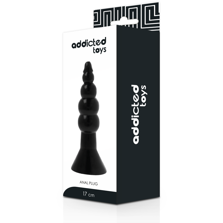 Caja del producto Addicted Toys con plug anal negro de 17 cm.