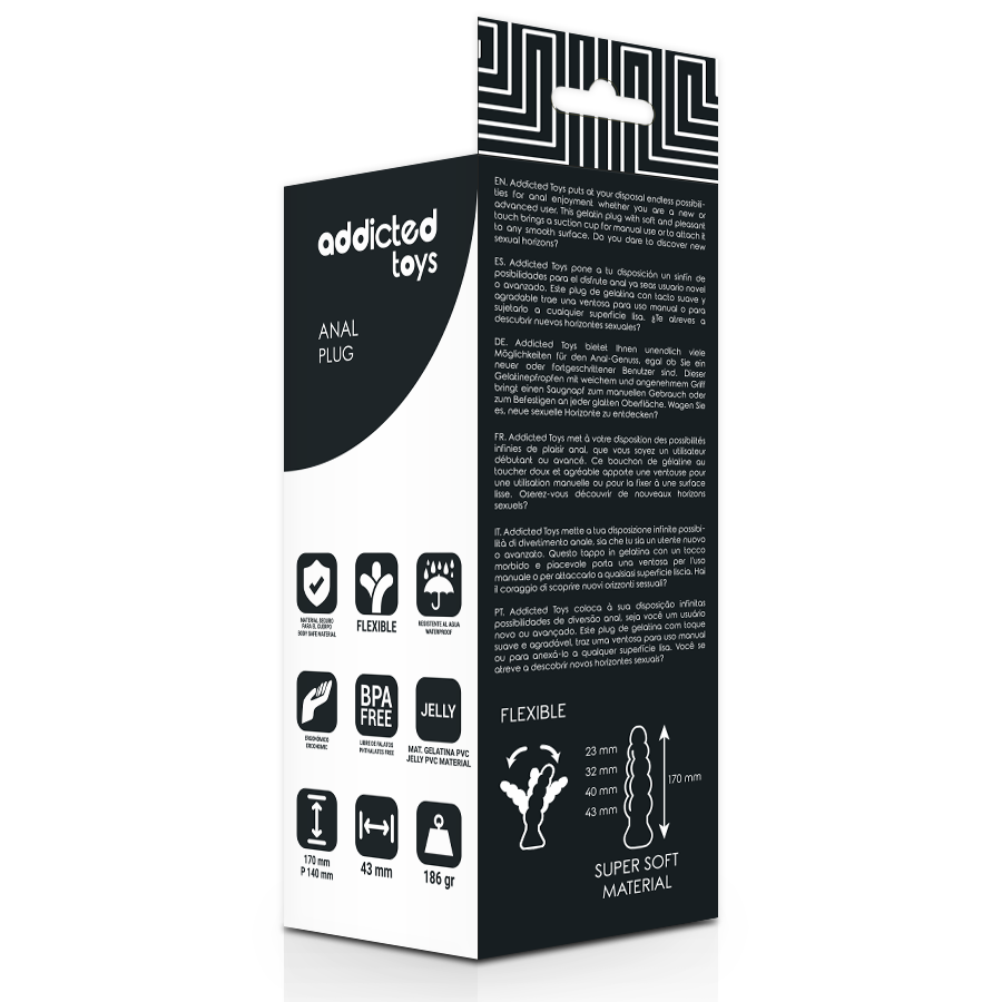 Caja del producto Addicted Toys Anal Plug en negro, con diseño en blanco y negro.