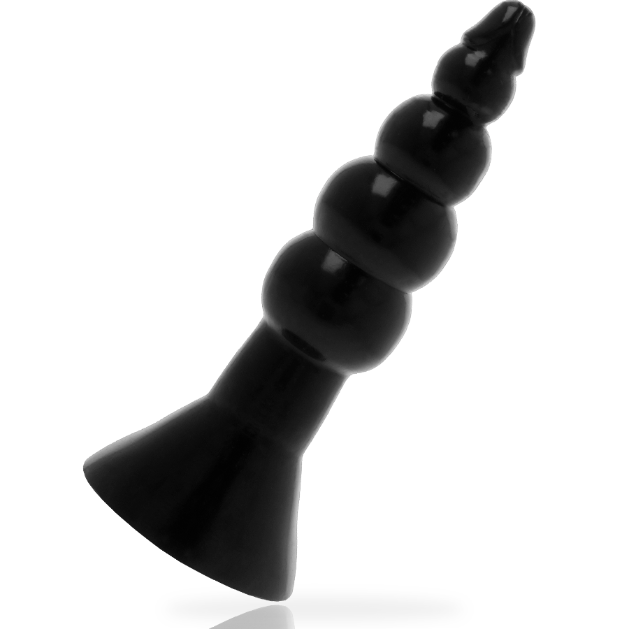 Plug anal negro Addicted Toys con cuerpo estriado y base ensanchada.