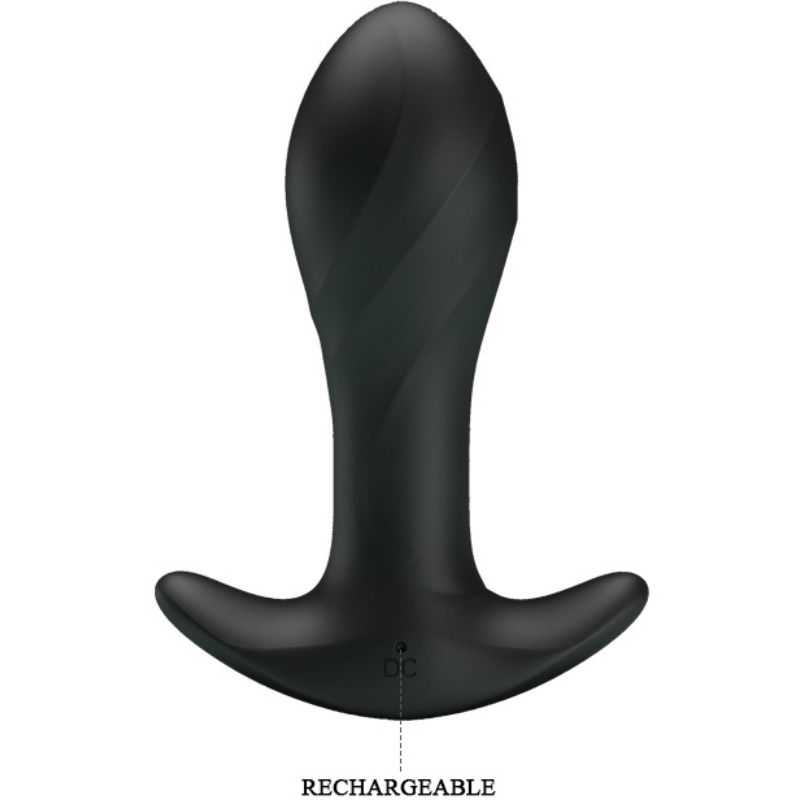 Detalle del vibrador anal Pretty Love negro con base curva y texto recargable visible