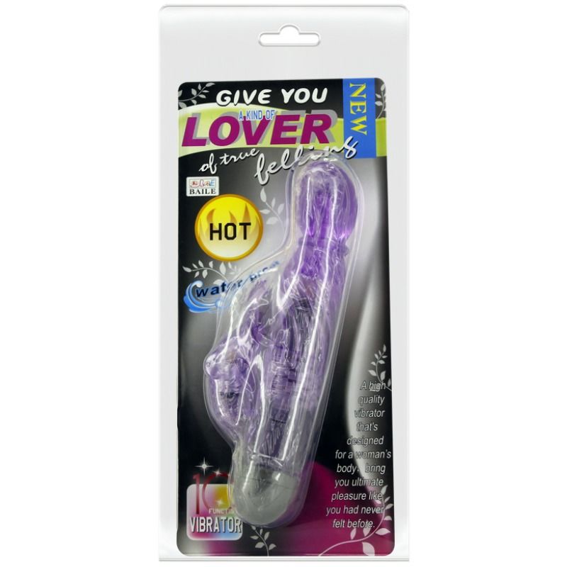 Vibrador conejito lila Baile en su caja del producto, visto de frente.
