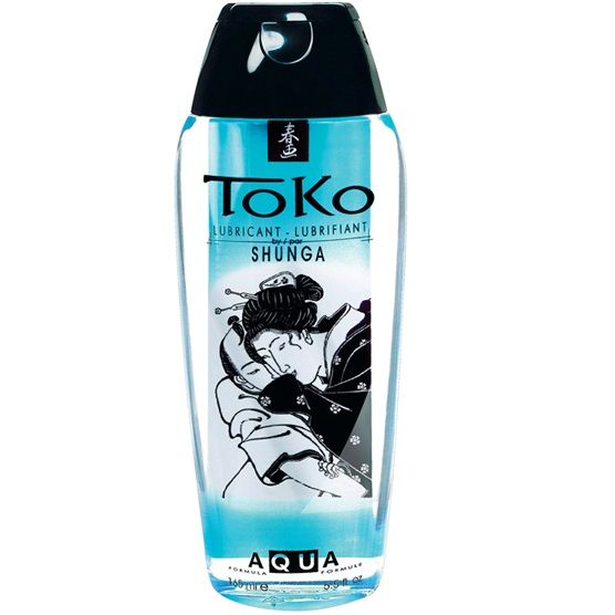 Shunga Toko Aqua en botella transparente con tapón negro, vista frontal.