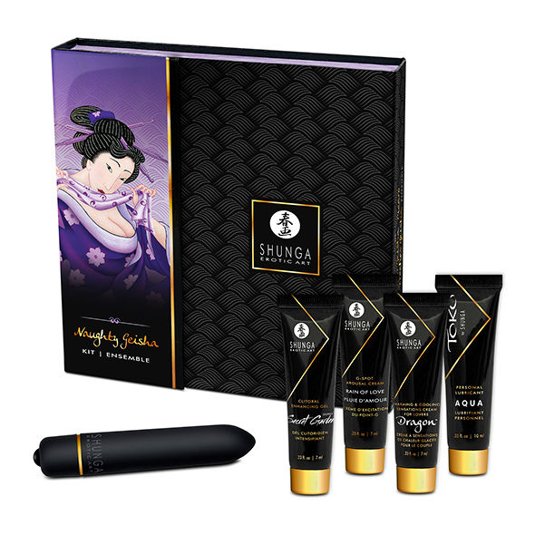 Kit íntimo Shunga Geisha con caja negra y morada, cuatro tubos y dispositivo negro.