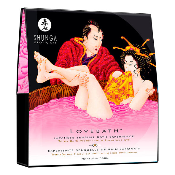 Caja del producto SHUNGA LoveBath con ilustración de baño en tonos rosa y negro