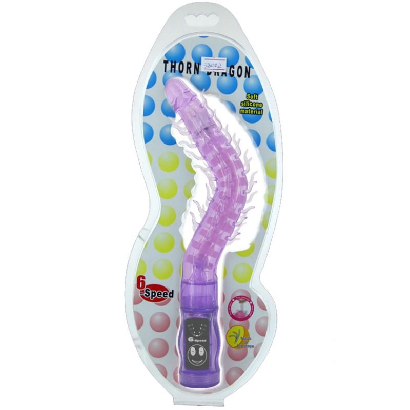 Baile Thorn vibrador estimulador lila en su caja, con diseño curvado y textura visible.