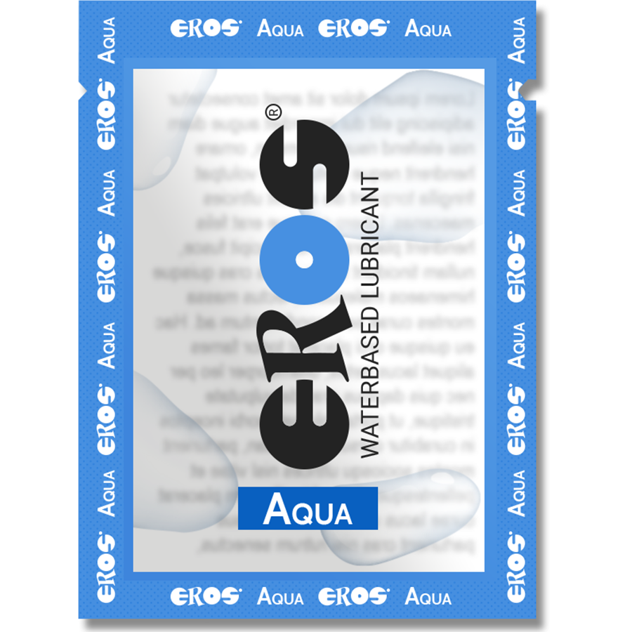 Envase monodosis de EROS Aqua, en azul, con texto de lubricante a base de agua.