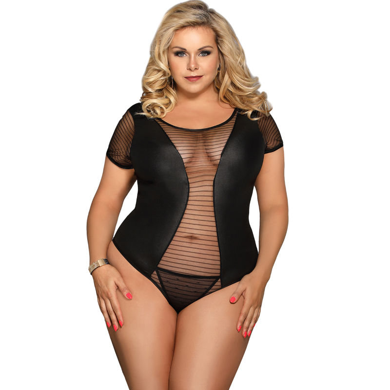 SUBBLIME Queen Plus Teddy fetiche negro de manga corta, vista frontal.