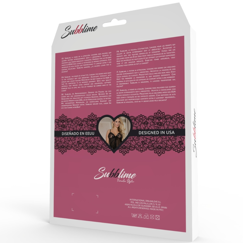 Caja del producto Subblime Babydolls en rosa con decoración de encaje y una foto en forma de corazón.