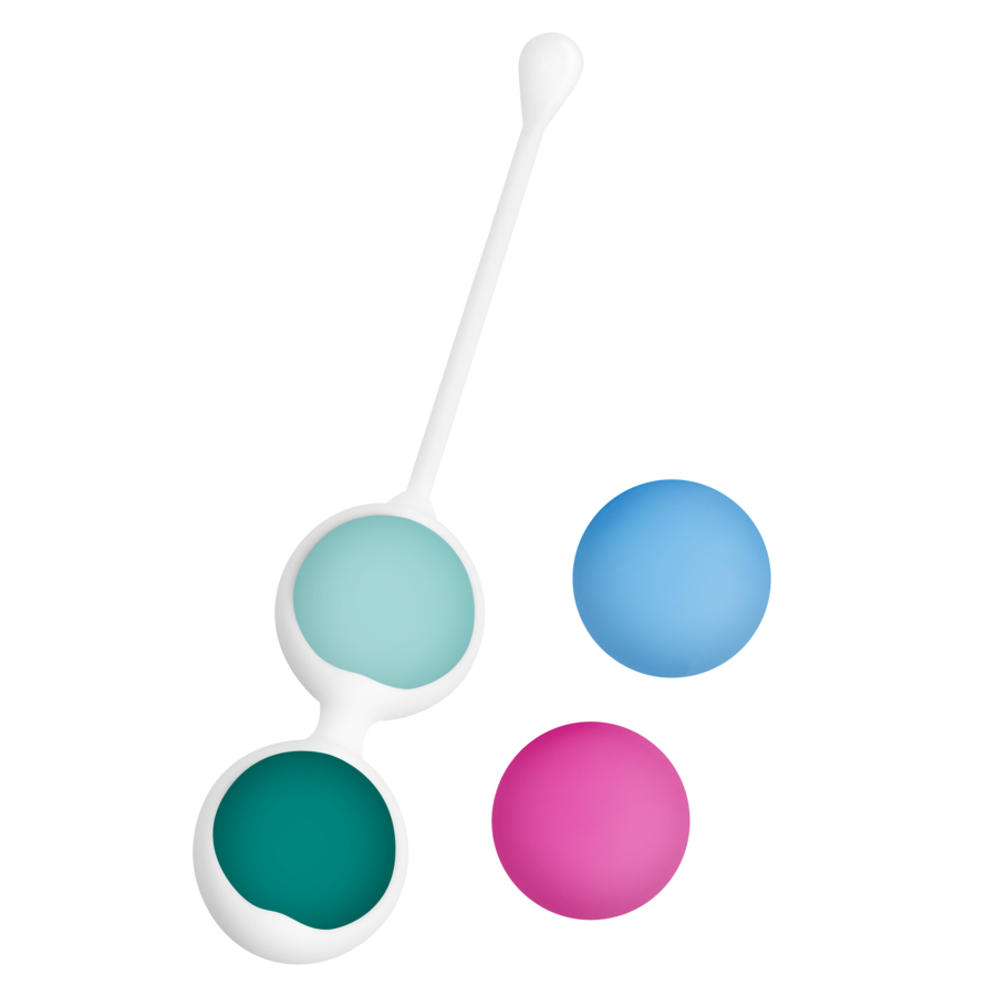 Set Happy Loky de bolas Kegel blancas con tres bolas de colores.