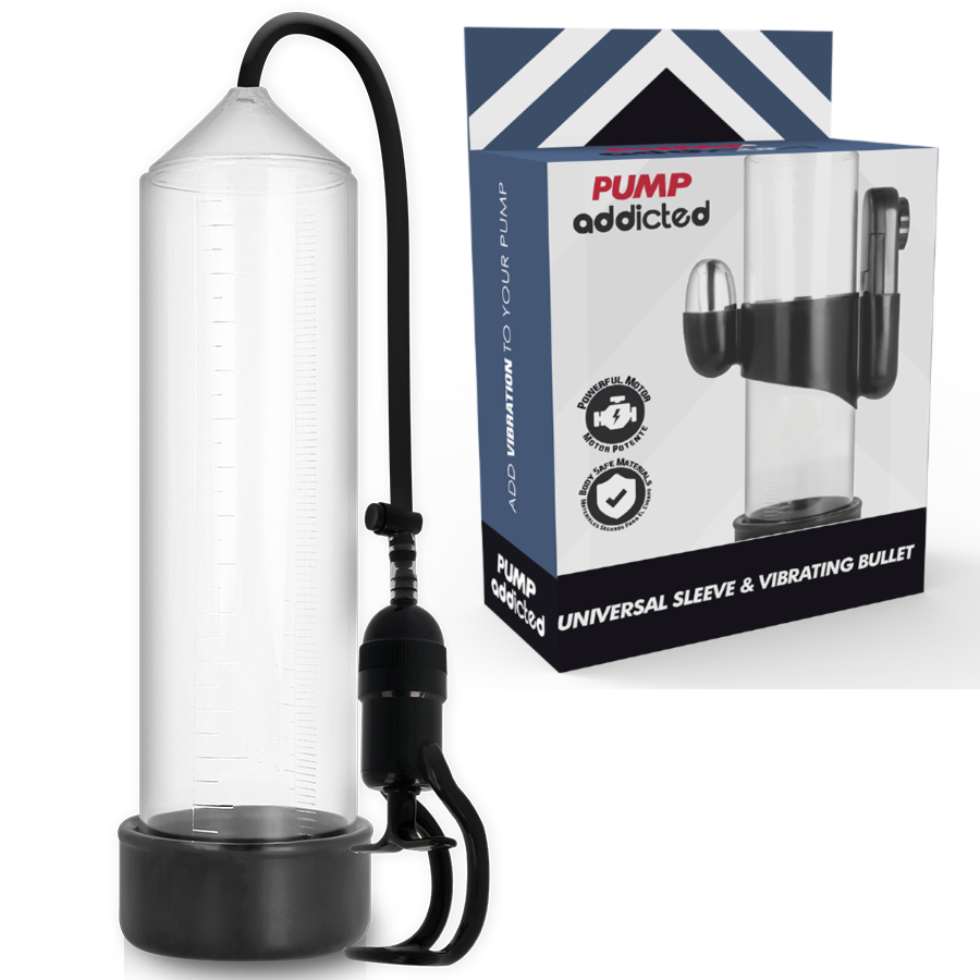 Bomba de erección transparente PUMP ADDICTED RX5 con manguera negra y caja del producto visible
