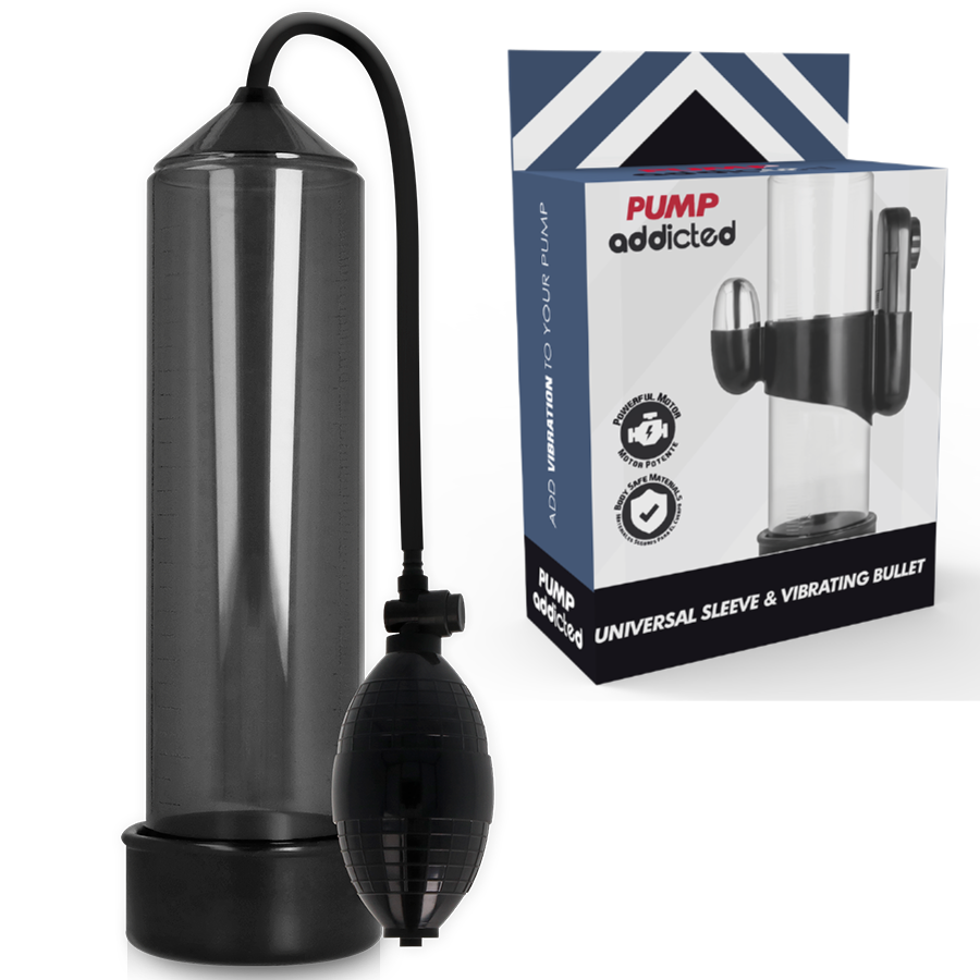 Bomba de erección negra PUMP ADDICTED RX3 con pera manual y caja del producto.