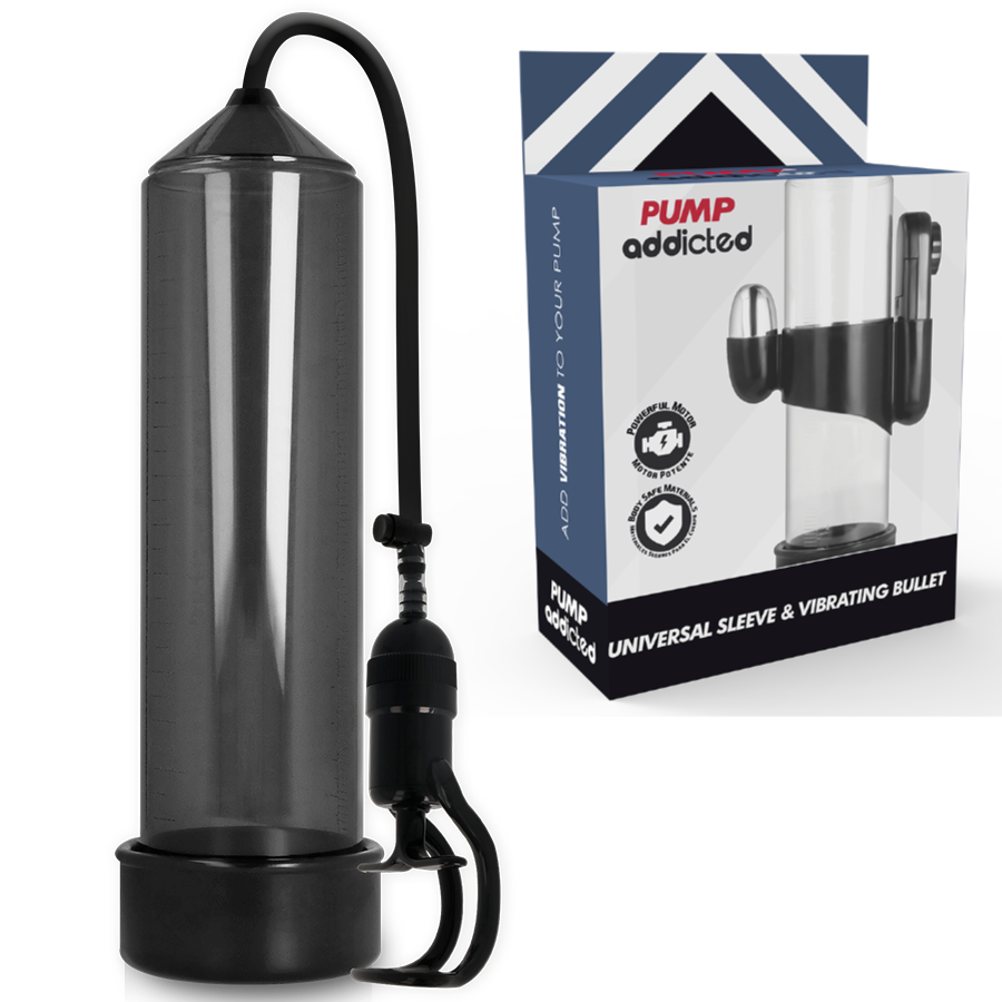 Bomba de erección PUMP ADDICTED RX5 negra con vibrador y caja del producto.