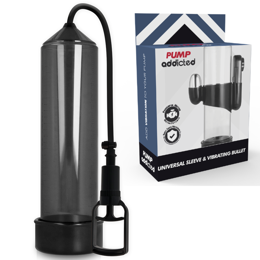 Bomba de erección negra PUMP ADDICTED RX7 con caja del producto visible.