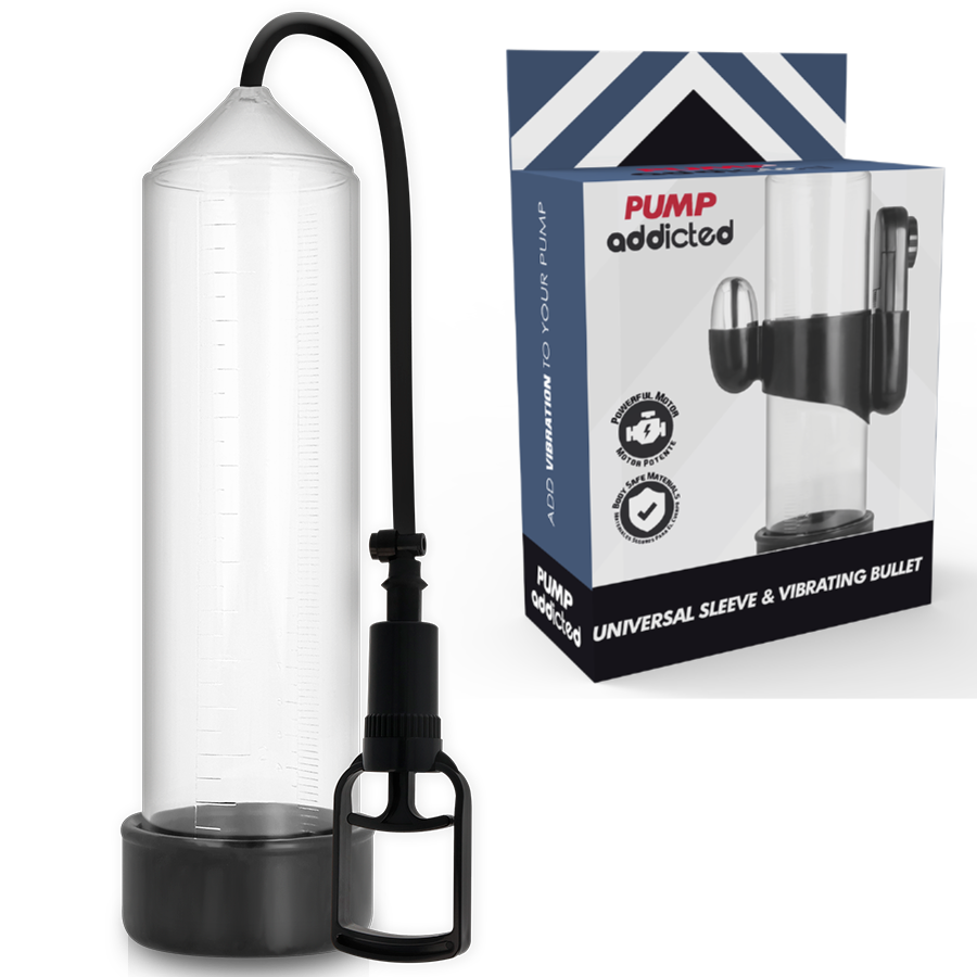 Bomba erección transparente PUMP Addicted con manguera y caja del producto