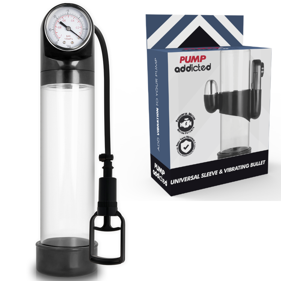 Bomba de erección transparente PUMP ADDICTED RX9 con manómetro y caja del producto.