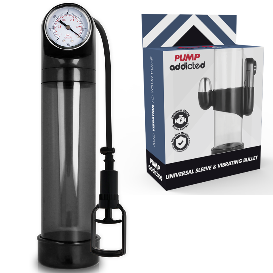 Bomba de vacío PUMP ADDICTED negra con manómetro y bomba manual, junto a la caja del producto.
