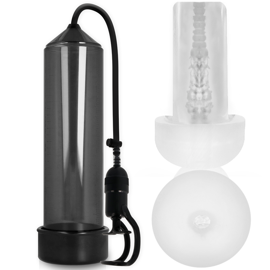 Bomba de erección Pump Addicted RX5 negra con masturbador transparente