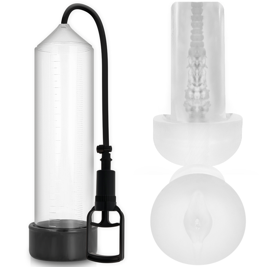 Bomba de erección transparente PUMP ADDICTED con base negra y manguito visible
