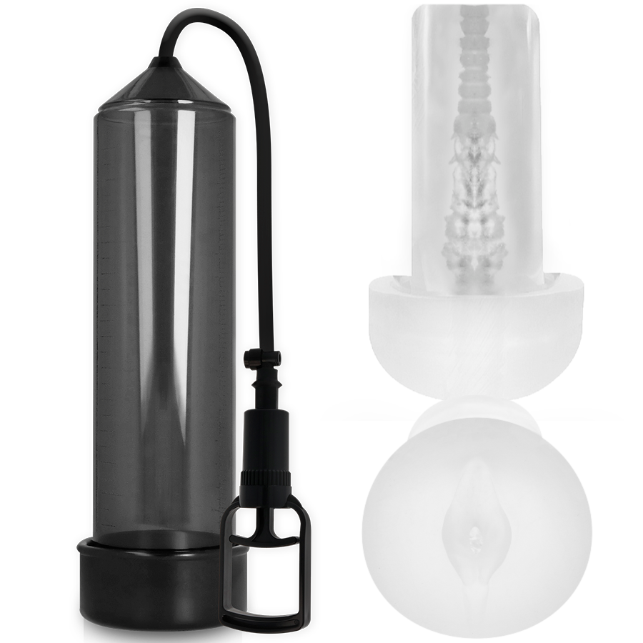 Bomba de erección PUMP ADDICTED negra con cilindro transparente y manga clara