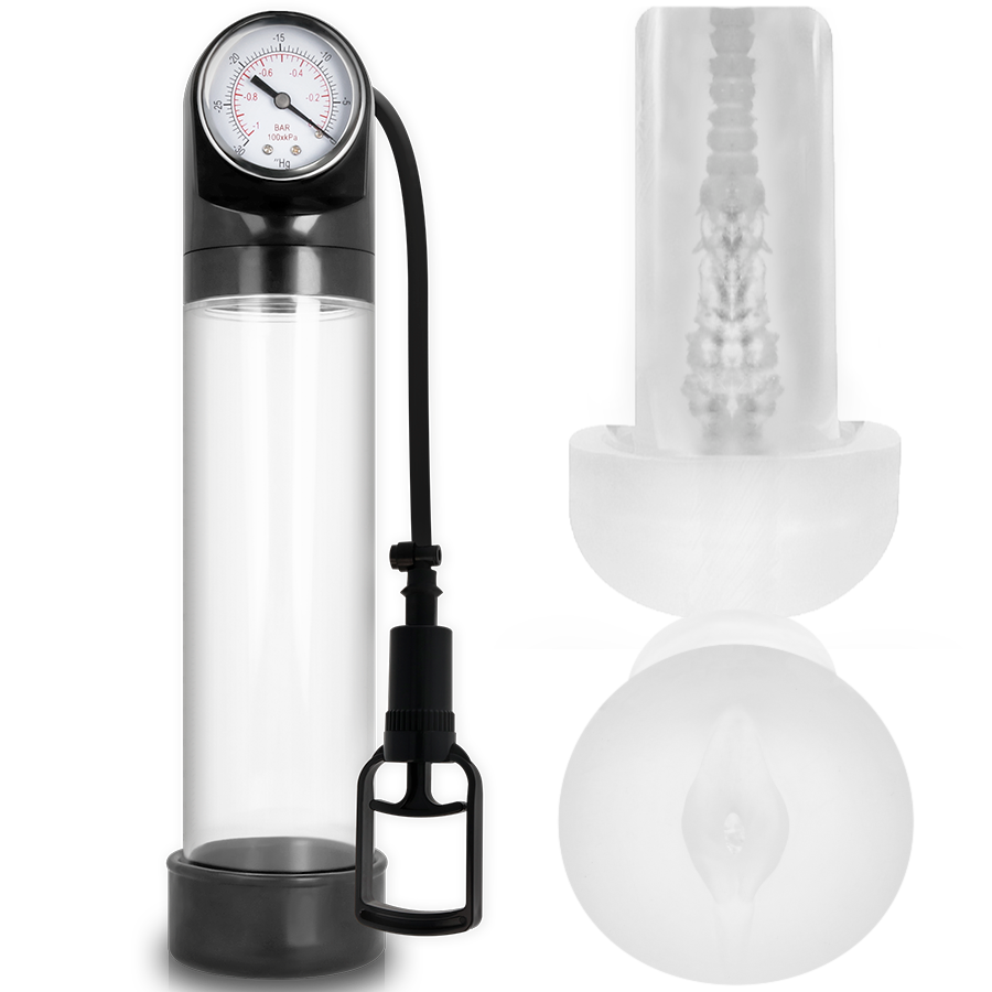 Bomba de erección transparente PUMP ADDICTED con manómetro y manga de silicona