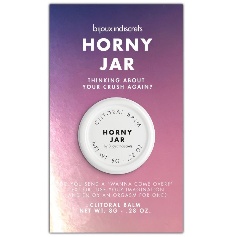 Caja del producto Bijoux Indiscrets Horny Jar con tarro blanco en el frontal.