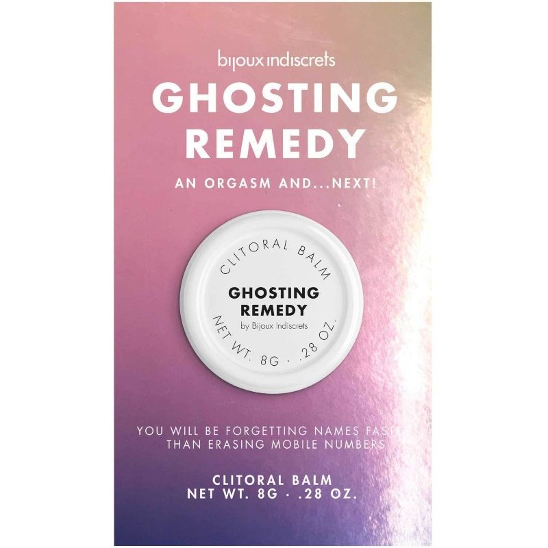 Caja del bálsamo clitoriano Ghosting Remedy de BIJOUX Indiscrets, en degradado rosa y lila, con el tarro blanco al frente.
