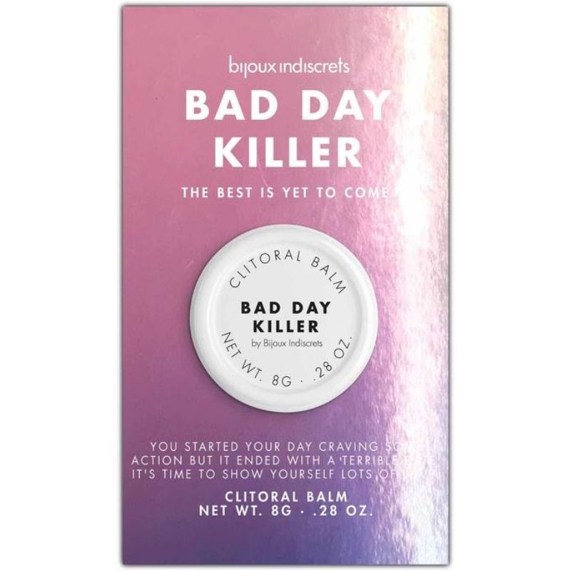Caja del producto Bijoux Indiscrets Bad Day Killer con bálsamo clitorial en tarro blanco