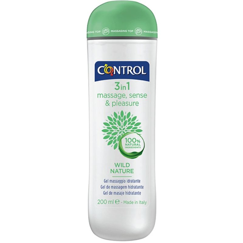 Control Lubes Wild Nature, gel de masaje 3 en 1 en frasco blanco con tapón verde.