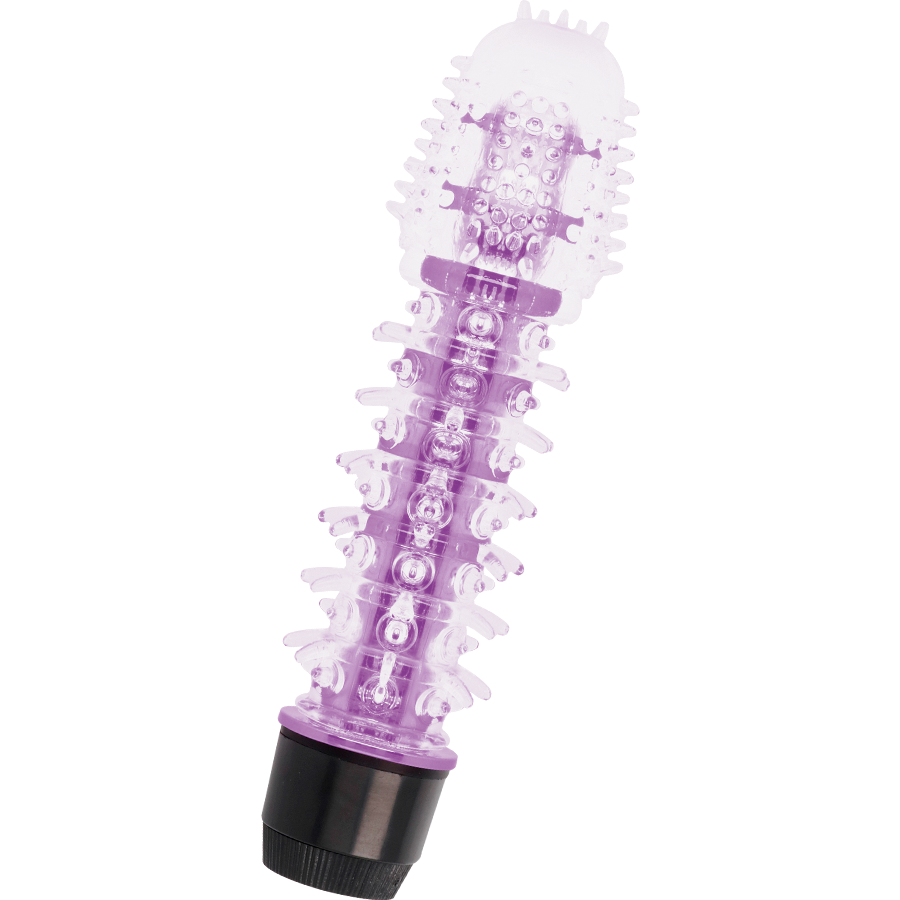 Vibrador clásico GLOSSY Axel morado translúcido, con textura de relieve y base negra.