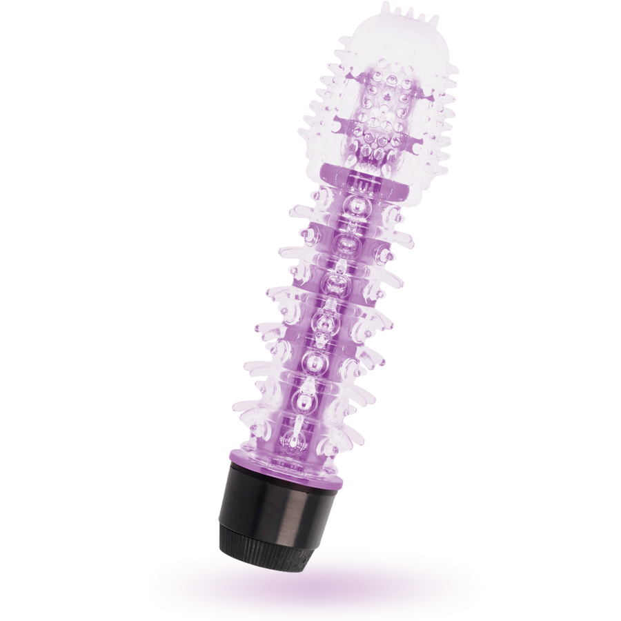 Detalle del vibrador GLOSSY Axel morado translúcido, con textura y base negra.