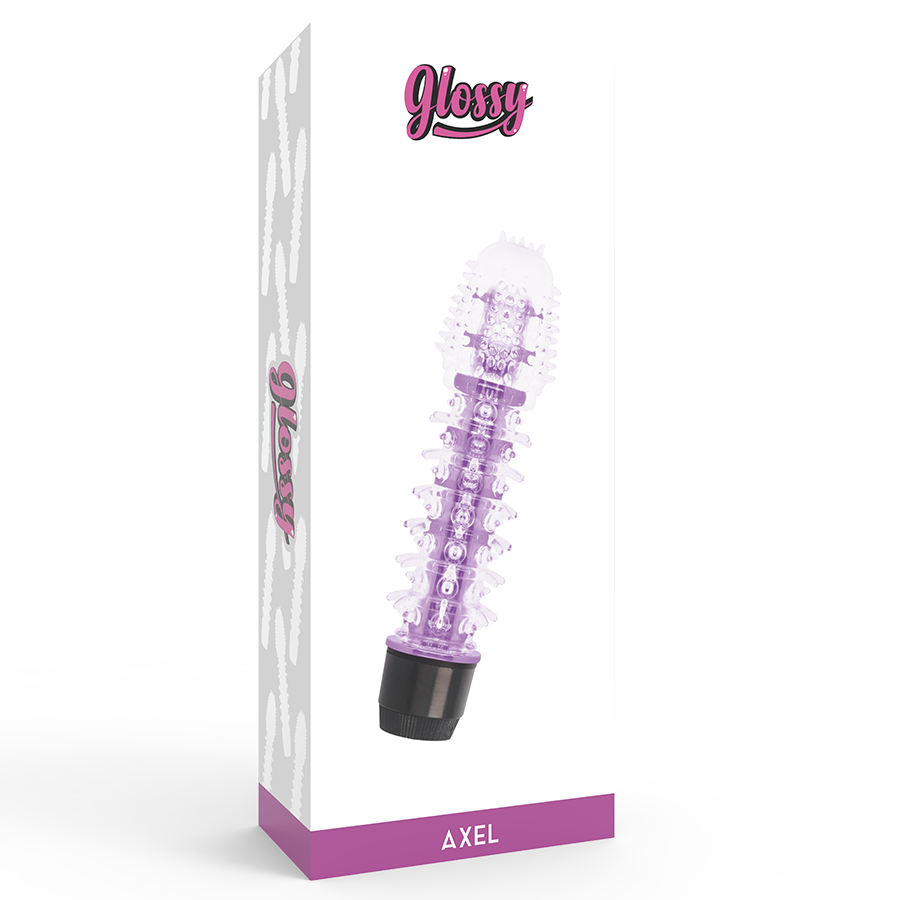 Caja del producto GLOSSY Axel con ilustración morada del vibrador.
