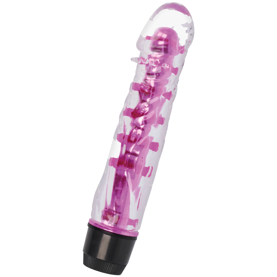 Detalle del vibrador Glossy Lenny rosa transparente con base negra.